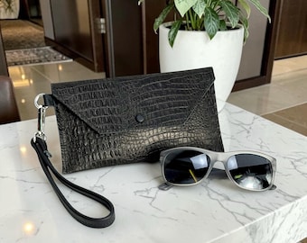 Black Crocodile Embossed Leather Wristlet,  Black IPhone Clutch