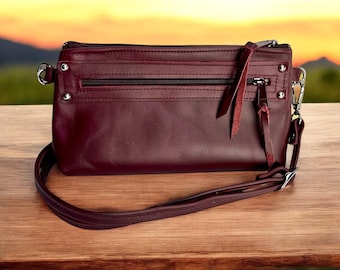 Floral Embossed Burgundy Leather Crossbody Bag