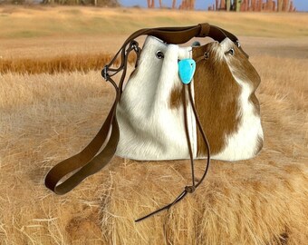Tan and White Cowhide Drawstring Handbag, Adjustable Strap Cowhide Bag