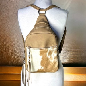 Cowhide Backpack, Tan Leather Large Sling Bag zdjęcie 1