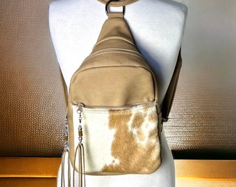 Cowhide Backpack, Tan Leather Large Sling Bag