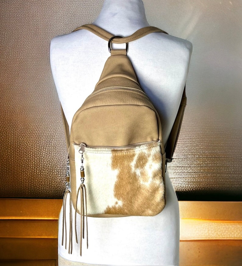 Cowhide Backpack, Tan Leather Large Sling Bag zdjęcie 1