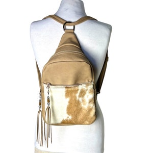 Cowhide Backpack, Tan Leather Large Sling Bag zdjęcie 2