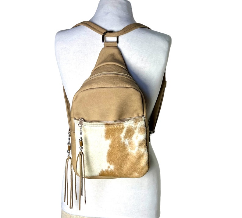 Cowhide Backpack, Tan Leather Large Sling Bag zdjęcie 2