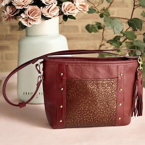Burgundy Leather Handbag, Burgundy and Gold Leather Crossbody Handbag