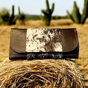 Cartera de piel de vaca tricolor, cartera de piel de vaca y cuero para mujer
