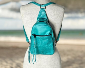 Turquoise Leather Sling Bag, Blue Leather Backpack