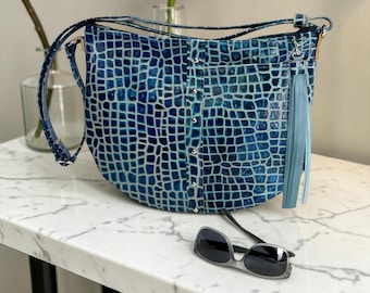 Blue Crocodile Embossed Leather Hobo Bag With Adjustable Strap