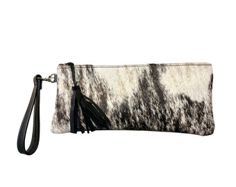 Brindle Cowhide and Black Leather Long Clutch, Cowhide Leather Clutch with Wrist Strap