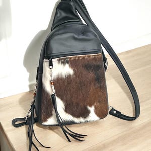 Cowhide Sling Bag, Cowhide Black Leather  Backpack