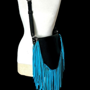 Turquoise Fringe Handbag, Black and Turquoise Leather Fringed Cross Body