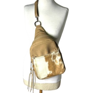 Cowhide Backpack, Tan Leather Large Sling Bag zdjęcie 3