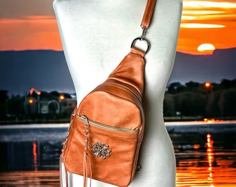 Orange Leather Sling Bag, Orange Backpack Combo