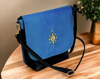 Blue Leather Saddle  Bag with Gold Medallion , Blue and Black Leather Handbag