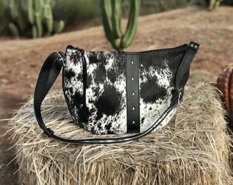 Black and White Spotted Cowhide and Black Leather Hobo Bag, Spotted Cowhide Crossbody Handbag, Bpwhide Purse