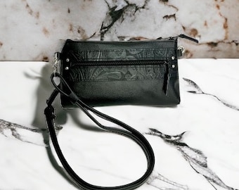 Black Embossed and Black leather Crossbody Handbag