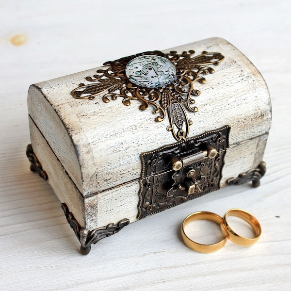 Wooden white box. Ring Bearer Box Wedding,ring box holder, Betrothal,Engagement Ring Box, Bijou, unique Rock box, Steampunk wedding, Goth.