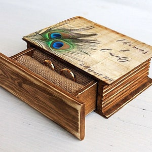 Boîte de mariage paon, boîte au porteur d'alliances rustique, boîte de mariage personnalisée, boîte à bagues personnalisée, boîte à alliances, boîte paon, boîte souvenir paon