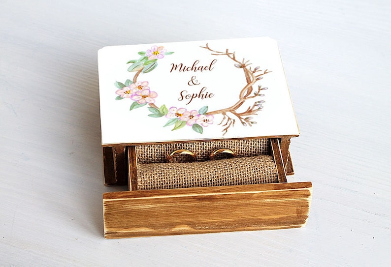 Personalized Box wedding ring holder Wedding Ring Holder Pillow Bearer Box Watercolor wreath wedding boho Ring Bearer Box Wedding Ring Box