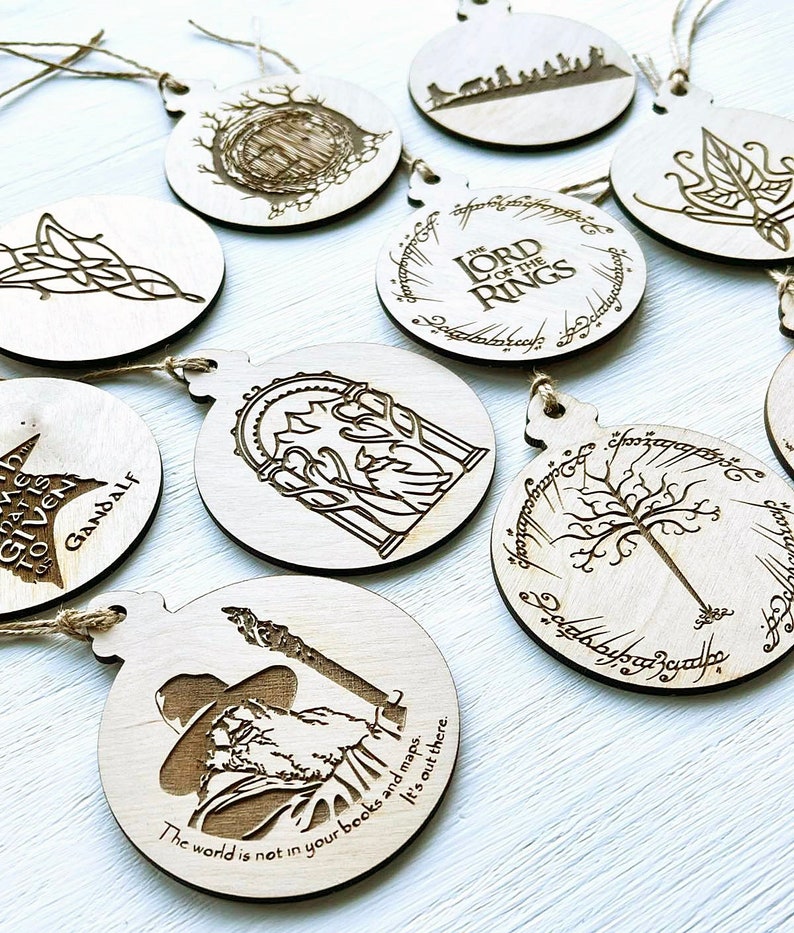 Set of 10 Wooden Lord of the Rings Christmas Ornaments, LOTR, Christmas