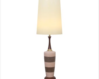 Very Large MCM Table Lamp Vintage Ceramic Pink an Gray Stripe with New Tapered Shade L2503