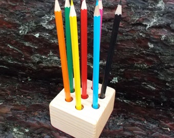 Pine Wood Pencil Holder: 8-Slot Desk Organizer