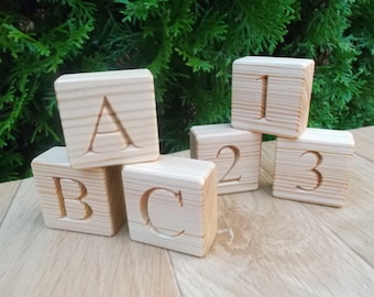 Bloques de madera con letras y números, bloques de madera 2 en 1, Bloques con letras, Alfabeto de bloques, ABC, hecho a mano, bloques de madera grabados