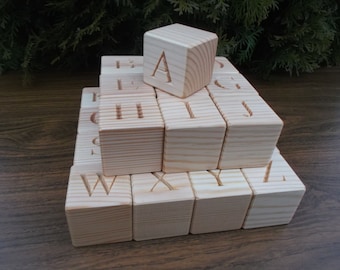 Engraved Wooden Alphabet Blocks: Natural Pine, Educational Toy