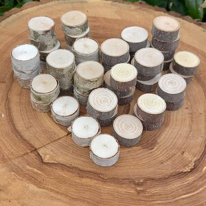 May include: A collection of small, round wooden slices, each approximately 2.5 cm in diameter and 1.3 cm thick, arranged on a larger tree cross-section. The wood has a natural, light brown colour with visible grain.