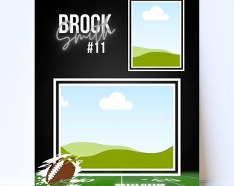 Op de afbeelding: Een zwart sportposter met witte tekst "BROCK Smith #11". Het ontwerp bevat twee fotokaders met een landschapsachtergrond en een voetbalafbeelding. De tekst "TEAM NAME" staat op een groen veld.