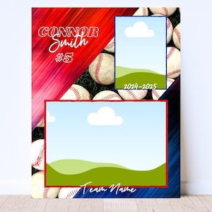 Puede incluir: Diseño de póster con temática de béisbol con un fondo rojo y azul. El diseño incluye espacio para fotos, un gráfico de nube y el texto "Connor Smith #5" y "2024-2025". Las pelotas de béisbol están en el fondo.