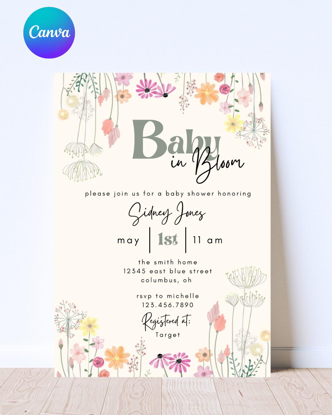 Spring Invitations Bloom Baby in Bloom Shower Invitation: Floral Spring Garden, Editable Canva ...