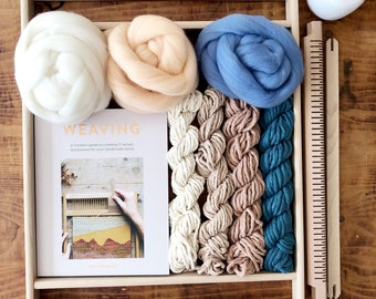 DIY-set weven | Big Sur-blauw | Loomkit | Klein rechthoekig weefgetouw. Leer tapijten weven. Weven voor beginners.