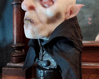 Nosferatu Vampire Platinum Silicone Bust, 9" Horror Movie Sculpture with Real Fabric Clothes, Gothic Collectible Gift