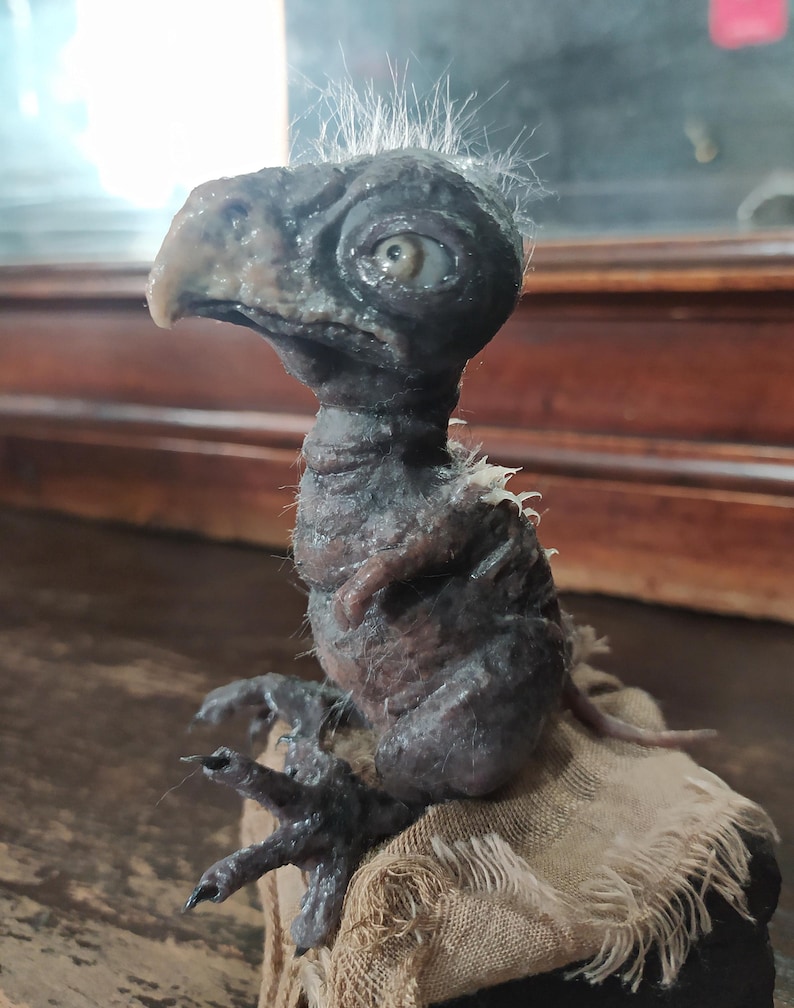 May include: A detailed sculpture of a creature with a bird-like beak, large eye, and sparse, wispy hair. The figure is primarily dark gray and brown, with a textured appearance. It sits atop a tan, frayed fabric.