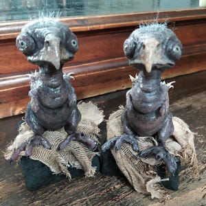 May include: Two dark gray avian sculptures with large eyes and beaks, perched on burlap-covered bases. The sculptures have a textured appearance and are set against a wooden background. The overall theme is fantasy or gothic.