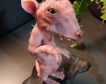 Hairless Sphynx Rat Silicone Sculpture 6.2", Faux Taxidermy Bald Rodent Figurine, Creepy Cute Gothic Oddities Art Gift