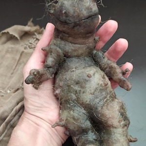 May include: A detailed, handcrafted sculpture of a humanoid figure with a rough, textured surface. The figure is primarily shades of brown and gray, with small protrusions and a tuft of hair on its head. The sculpture is held in a hand.