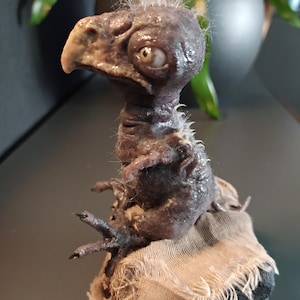 May include: A detailed sculpture of a creature with a bird-like beak, large eye, and textured skin. The figure is primarily dark brown with hints of lighter tones, and sits atop a rough, tan fabric. Fine, white hairs sprout from the head.