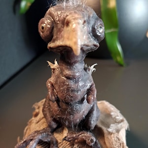 May include: A detailed, dark-colored sculpture of a creature with a bird-like beak and large eyes. The sculpture has a textured surface and is perched on a piece of fabric. Fine, wispy hairs sprout from the top of its head.