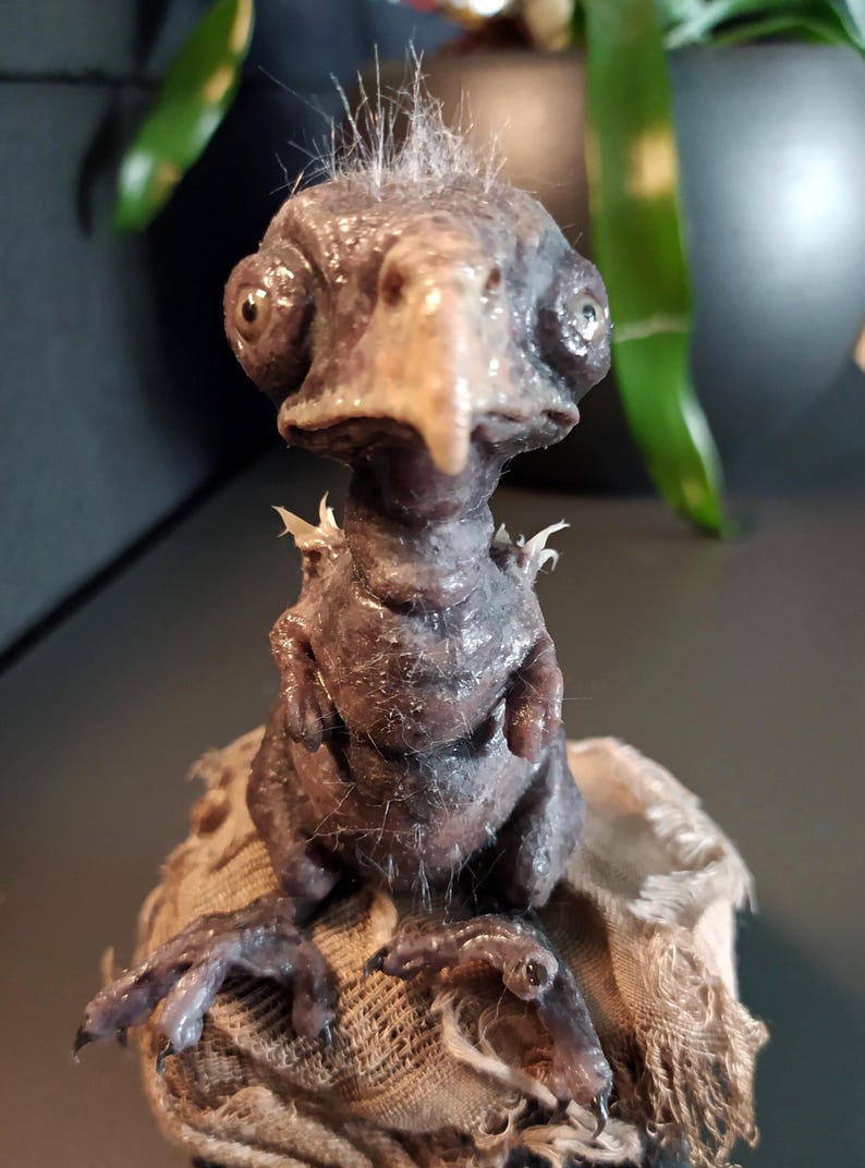 May include: A detailed, dark-colored sculpture of a creature with a bird-like beak and large eyes. The sculpture has a textured surface and is perched on a piece of fabric. Fine, wispy hairs sprout from the top of its head.