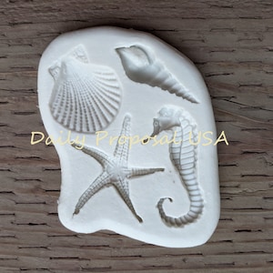 Puede incluir: Un molde de silicona blanco con diseños de conchas marinas, incluyendo una concha de vieira, una caracola, una estrella de mar y un caballito de mar. El texto "Daily Proposal USA" está impreso en la imagen.