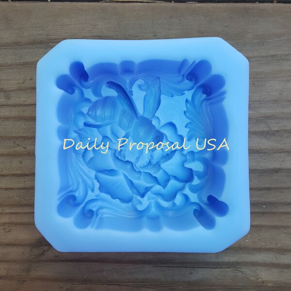 FINAL SALE Single Honey Bee on Flower Silicone Mold Soap Making Square Bar Homemade Craft Mould Tray