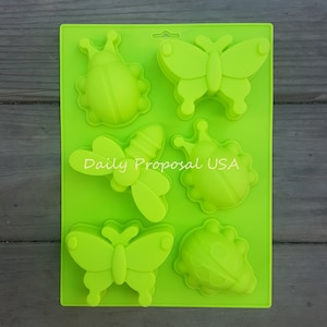 May include: A bright green silicone mold featuring insect shapes, including butterflies, bees, and ladybugs. The mold has six cavities, each with a detailed insect design. The text "Daily Proposal USA" is printed on the mold.