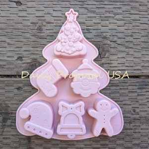 6 Cavity Christmas Tree Socking Santa Hat Jingle Bell Gingerbread Man Silicone Mold Pastry Chocolate Gelatin Gelatin Soap Making Food Craft