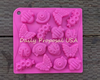 16 Small Cavity Caterpillar Butterfly Ladybug Bee Snail Silicone Mold Chocolate Cookie Candy Ice Gelatin Soap Making