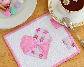 Heart Fabric Quilted Coasters, Spring Summer Pink Coasters, Cloth Coasters, Set of 4, Mug Rug, Handmade