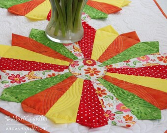 Colorful Quilted Table Runner, Floral Centerpiece, 100% Cotton (44 x 22 inches)