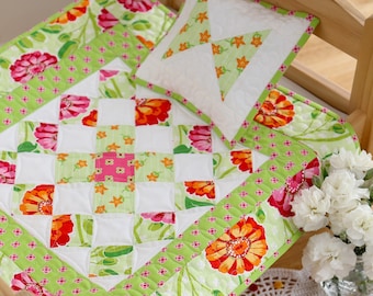 Doll Quilt Set Pink Green, Flower, Toddler Gift Girl, Pillow Bedding Set, White Teddy Quilt and Pillow, American Girl Doll Quilt