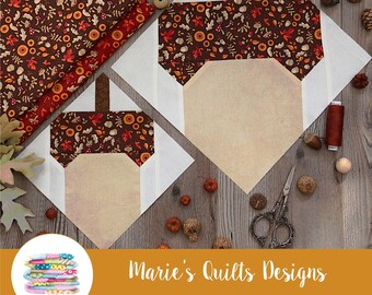 Acorn PDF Quilt Block Simple Pattern, 2 size Blocks, Fall, Thanksgiving